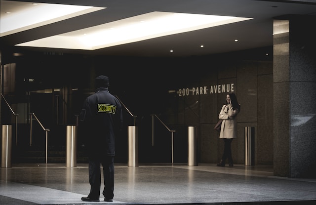 security guard walking down the station